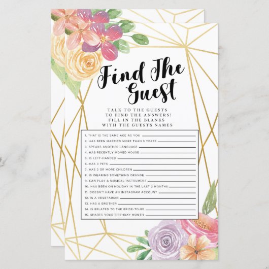 ブライダルシャワーゲームゲストゲームフローラの検索 (正面/裏面)