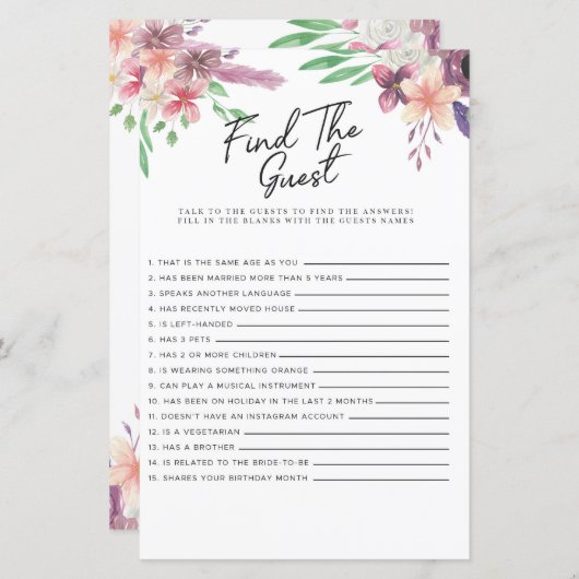 ブライダルシャワーゲームゲストゲームフローラの検索 (正面/裏面)