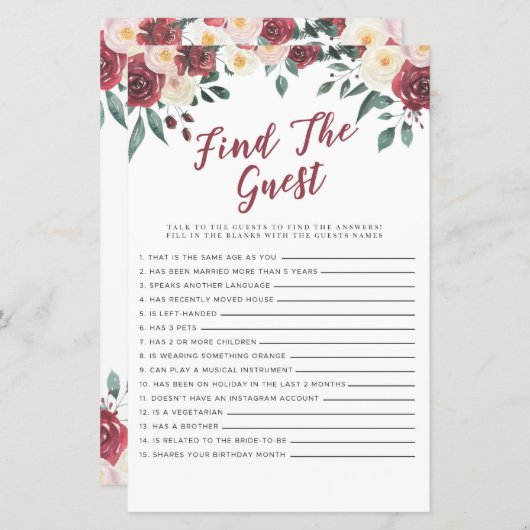 ブライダルシャワーゲームゲストゲームレッドフローラ (正面/裏面)