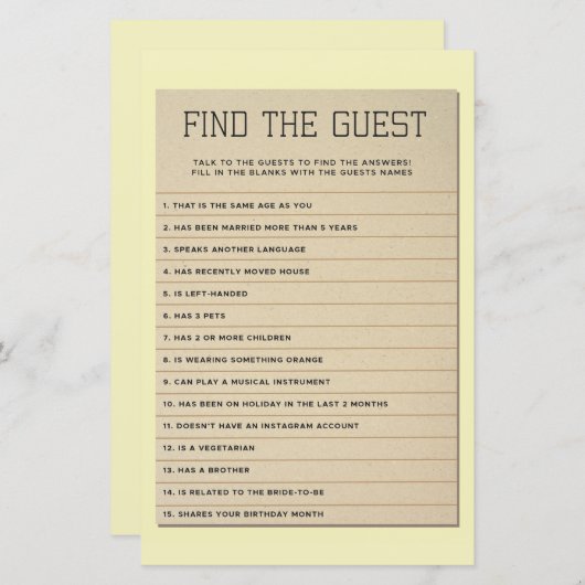 ブライダルシャワーゲームゲストライブラリカードの検索 (正面/裏面)