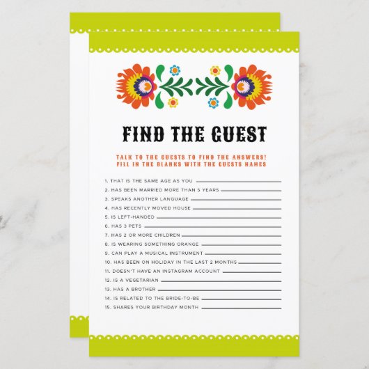 ブライダルシャワーゲームズザゲストゲームフィエスタ (正面/裏面)