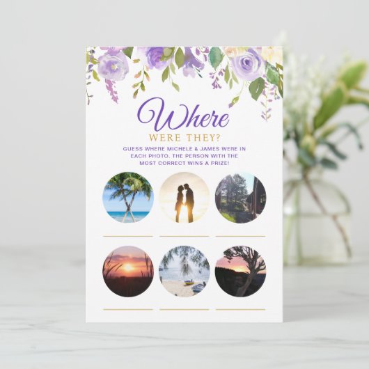 ブライダルシャワーゲームパープルフローラフォトカード 招待状 (スタンド正面)