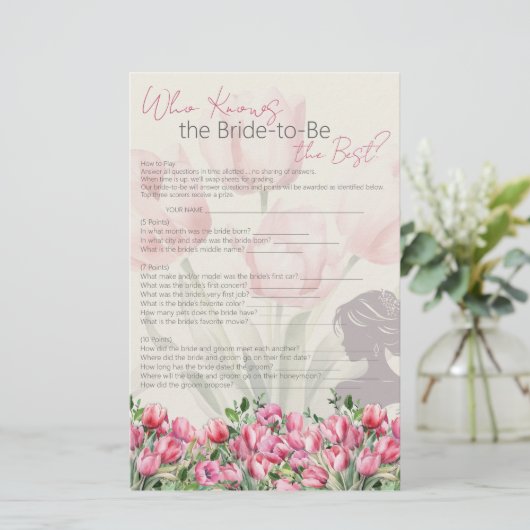 ブライダルシャワーゲームピンクのチューリップ誰が知っ最高のている 便箋 (スタンド正面)