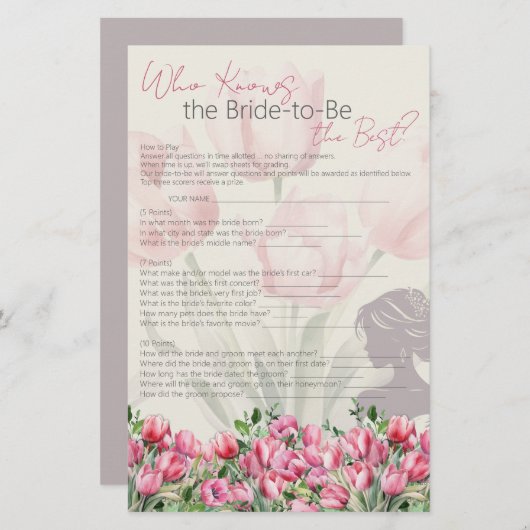 ブライダルシャワーゲームピンクのチューリップ誰が知っ最高のている 便箋 (正面/裏面)