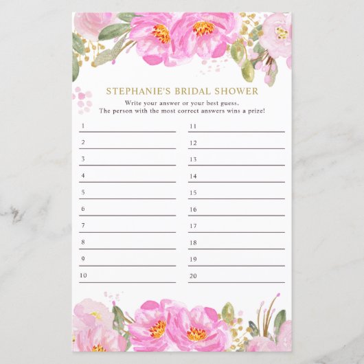 ブライダルシャワーゲームピンクフローラ回答カード (正面)