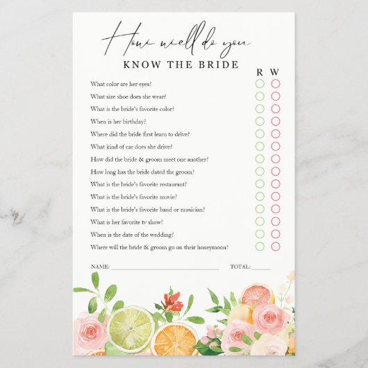 ブライダルシャワーゲームブライド柑橘類フローラを知る チラシ (正面)