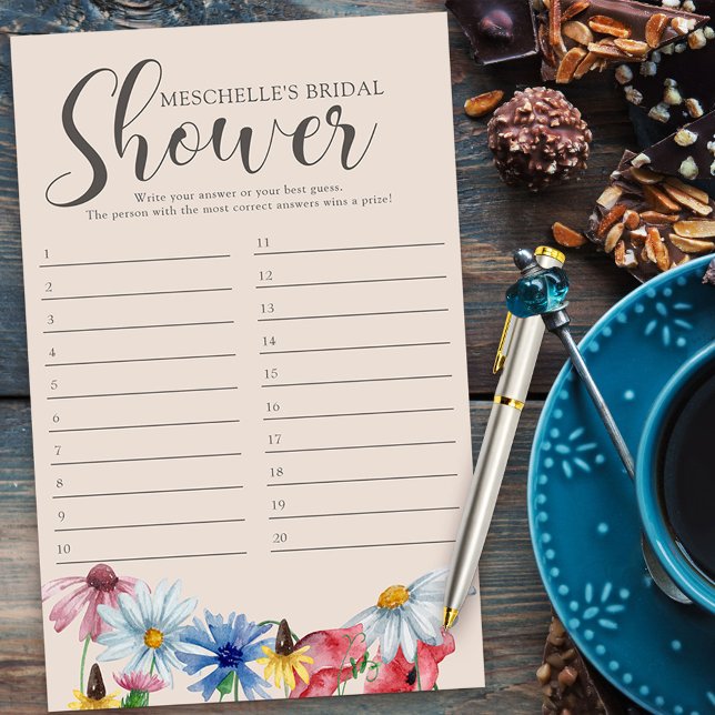 ブライダルシャワーゲームワイルドフラワーチャーム応答カード (DIY Bridal Shower Game or Baby Shower game answer sheet from my Wildflower Charm collection)