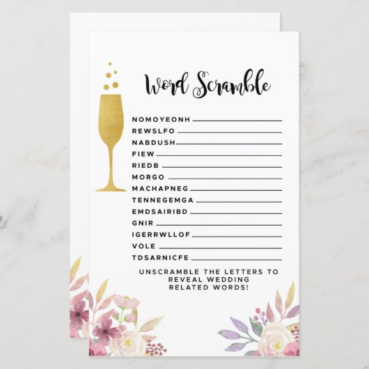 ブライダルシャワーゲームワードスクランブルゲームシャンパン (正面/裏面)