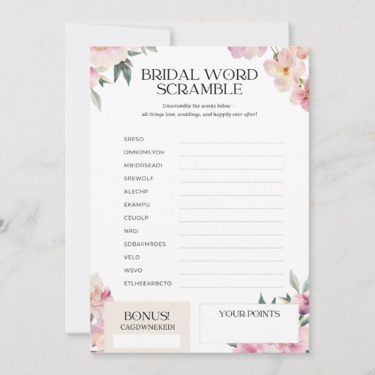 ブライダルシャワーゲームワードスクランブルピンクフローラ 招待状 (正面)