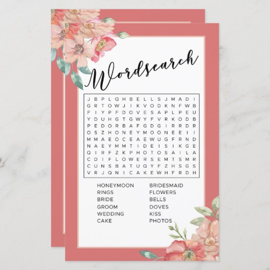 ブライダルシャワーゲームワード検索ゲームピンクフローラ (正面/裏面)