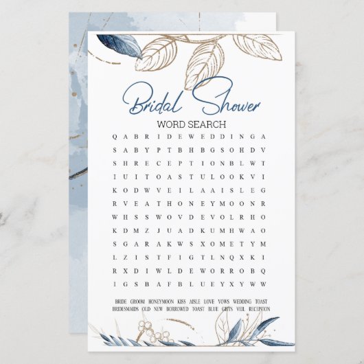 ブライダルシャワーゲームワード検索ブルー金ゴールドフローラ (正面/裏面)
