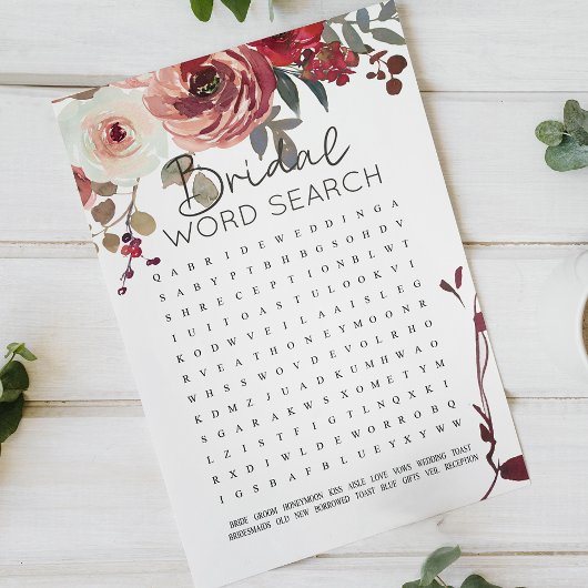 ブライダルシャワーゲームワード検索レッド赤面バラ