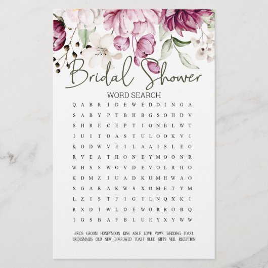 ブライダルシャワーゲームワード検索Peoniesピンクフローラ (正面)
