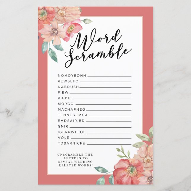 ブライダルシャワーゲーム単語スクランブルゲームピンクの花 (正面)