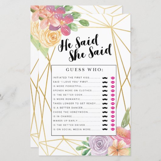 ブライダルシャワーゲーム彼は彼女がゲームフローラを言った (正面/裏面)