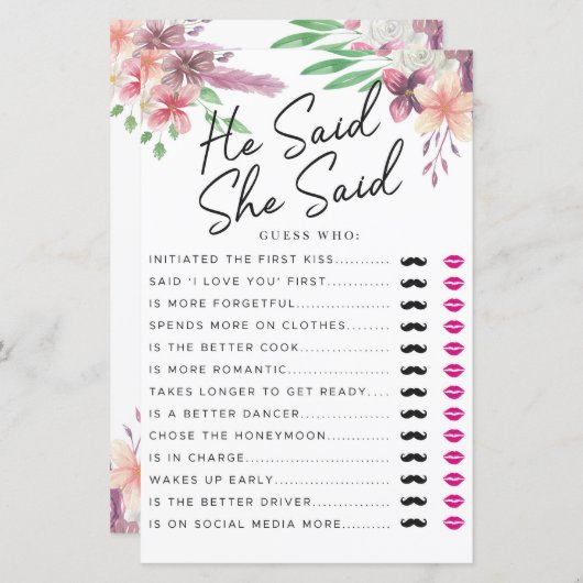 ブライダルシャワーゲーム彼は彼女がゲームフローラを言った (正面/裏面)