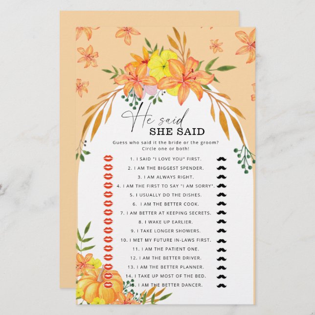 ブライダルシャワーゲーム彼は彼女はカボチャと言った (正面/裏面)