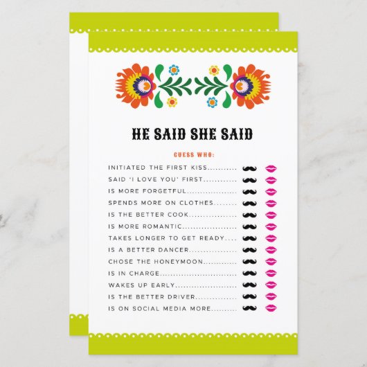 ブライダルシャワーゲーム彼は彼女はゲームフィエスタと言った (正面/裏面)