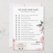 ブライダルシャワーゲーム彼は彼女はピンクのフローラを言った 招待状 (正面)