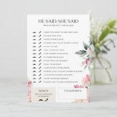 ブライダルシャワーゲーム彼は彼女はピンクのフローラを言った 招待状 (スタンド正面)