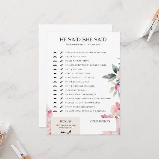ブライダルシャワーゲーム彼は彼女はピンクのフローラを言った 招待状 (正面/裏面インサイチュ)