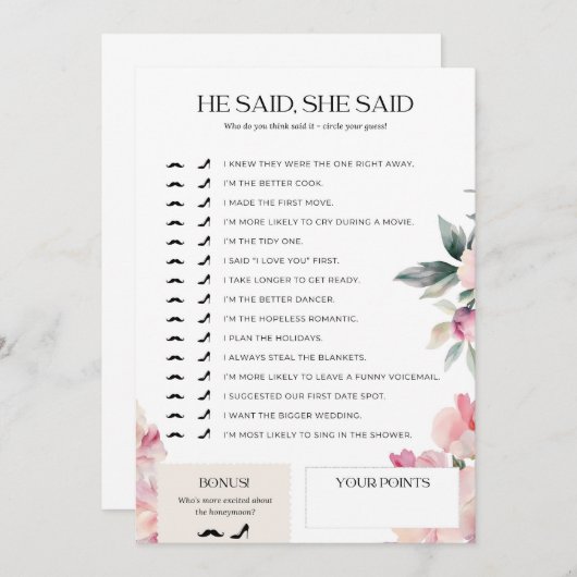 ブライダルシャワーゲーム彼は彼女はピンクのフローラを言った 招待状 (正面/裏面)