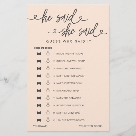 ブライダルシャワーゲーム彼は彼女は推測を言った (正面)