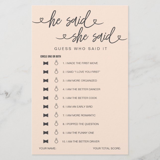 ブライダルシャワーゲーム彼は彼女は推測を言った (正面)