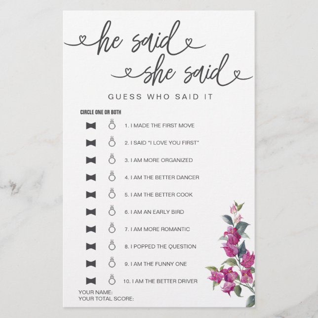 ブライダルシャワーゲーム彼は彼女は推測を言った (正面)