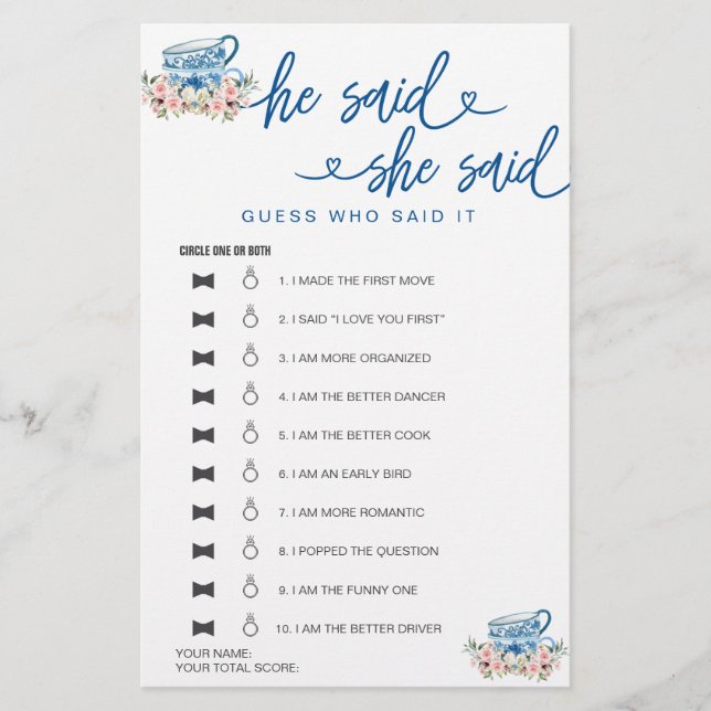 ブライダルシャワーゲーム彼は彼女は推測を言った (正面)