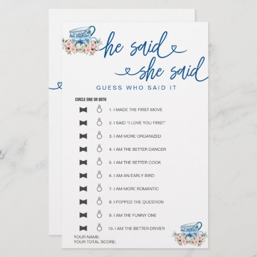 ブライダルシャワーゲーム彼は彼女は推測を言った (正面/裏面)