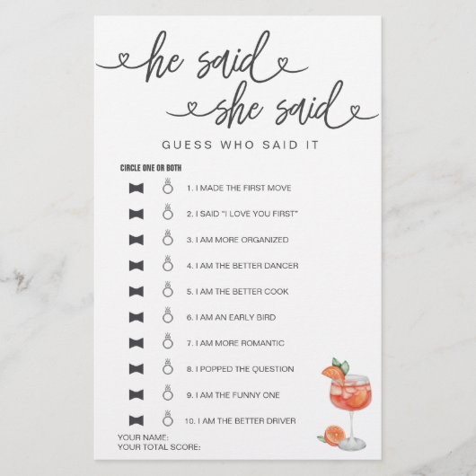 ブライダルシャワーゲーム彼は彼女は推測を言った (正面)