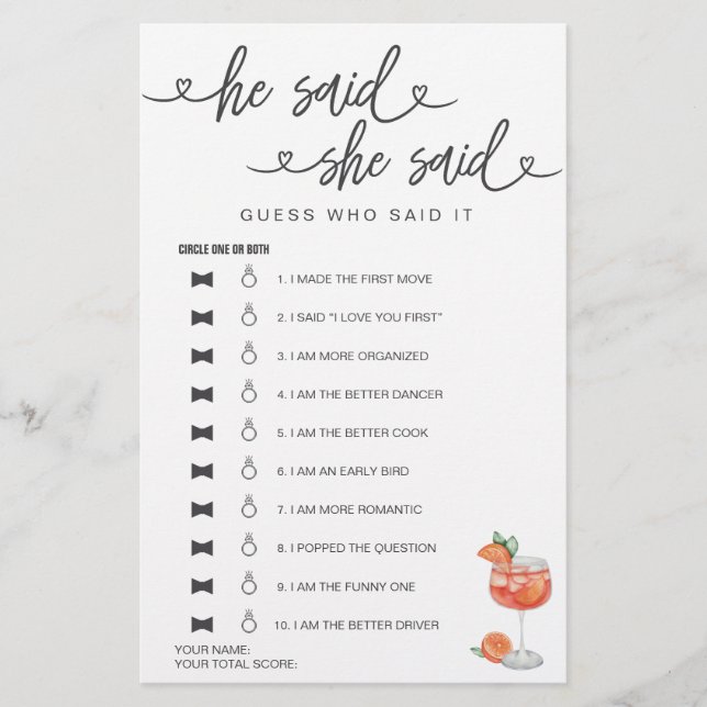 ブライダルシャワーゲーム彼は彼女は推測を言った (正面)