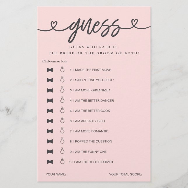 ブライダルシャワーゲーム彼は彼女は推測を言った (正面)