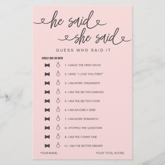 ブライダルシャワーゲーム彼は彼女は推測を言った (正面)