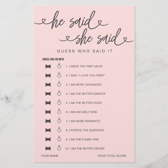 ブライダルシャワーゲーム彼は彼女は推測を言った (正面)