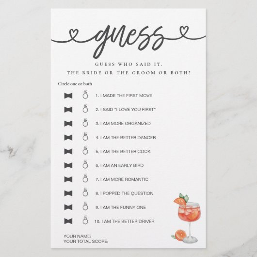 ブライダルシャワーゲーム彼は彼女は推測アペロールと言った (正面)