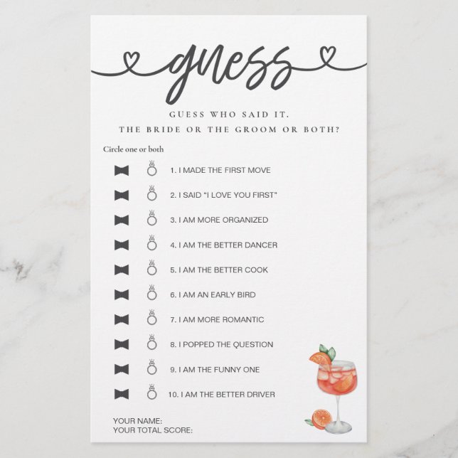 ブライダルシャワーゲーム彼は彼女は推測アペロールと言った (正面)