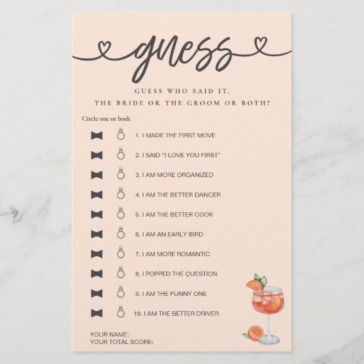 ブライダルシャワーゲーム彼は彼女は推測アペロールと言った (正面)