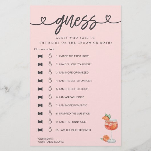 ブライダルシャワーゲーム彼は彼女は推測アペロールと言った (正面)