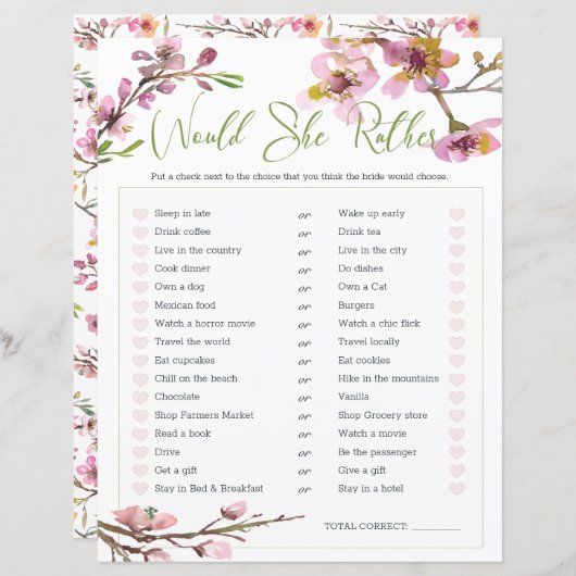 ブライダルシャワーゲーム彼女はむしろさくらんぼの花 (正面/裏面)