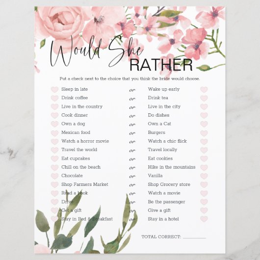 ブライダルシャワーゲーム彼女はむしろピンクのバラ (正面)