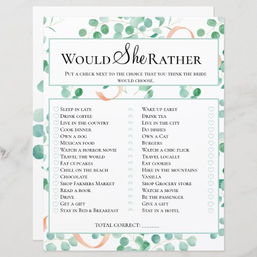 ブライダルシャワーゲーム彼女はユーカリ (正面/裏面)