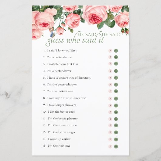 ブライダルシャワーゲーム推測誰が赤面バラを言った (正面)