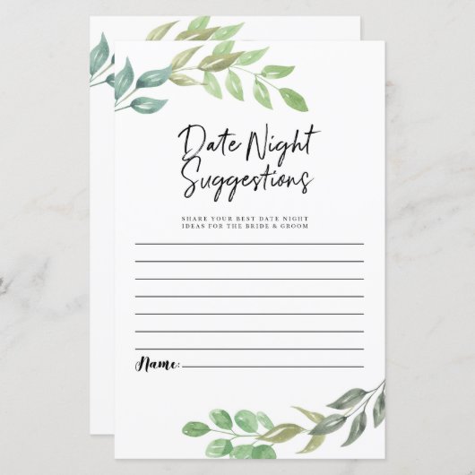 ブライダルシャワーゲーム日付の夜の提案グリーン (正面/裏面)