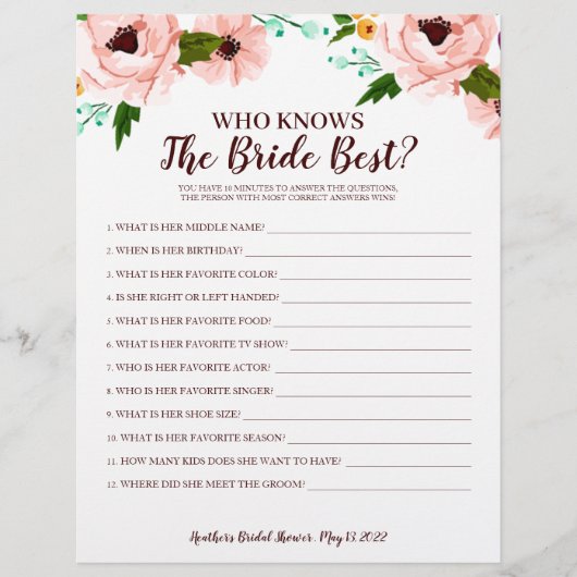 ブライダルシャワーゲーム知っている花嫁フローラ (正面)