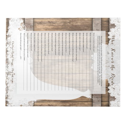 ブライダルシャワーゲーム素朴イン木とレースデザイン ノートパッド (正面)