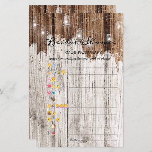 ブライダルシャワーゲーム絵文字素朴木材 (正面/裏面)