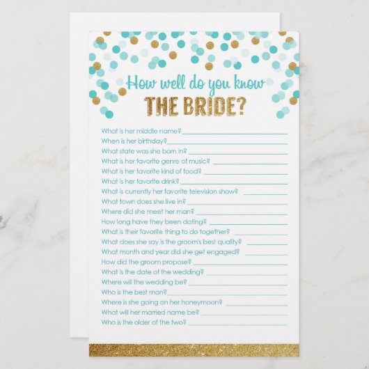 ブライダルシャワーゲーム花嫁のことをどれくらい知ってる？ (正面/裏面)