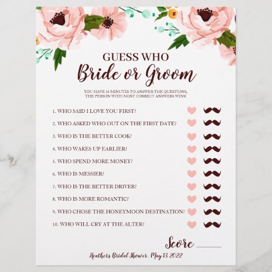 ブライダルシャワーゲーム花嫁または花婿フローラ (正面)